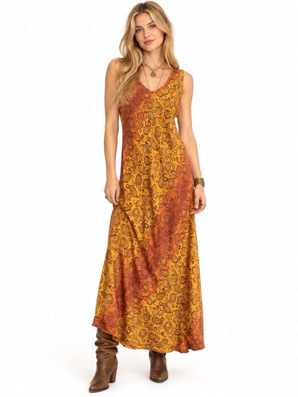 Vintage Gabrielle Orange Brown Paisley Sleeveless Maxi Dress Bohemian Fall Artsy
